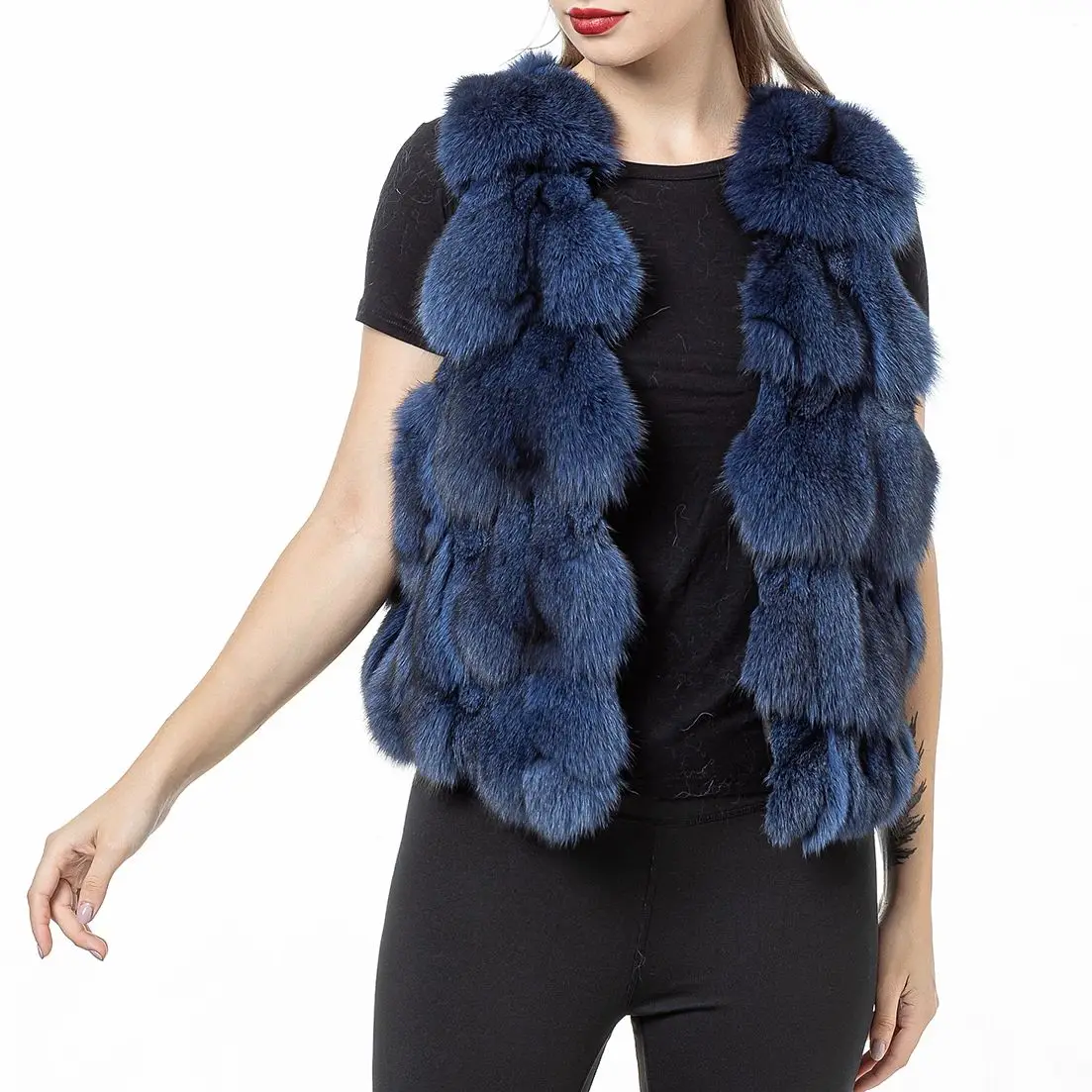 Women's Natural Fox Fur Vest, Sleeveless Waistcoat, Korean Fashion, All-Match Clothing, Brown, Navy Blue Color, Winter Outerwear