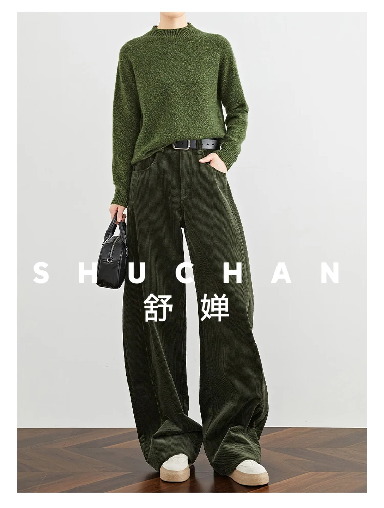 

Fleece Retro Green Corduroy Pants Women's High Waist Striped Pants Wide Leg Pants Winter Korean Style