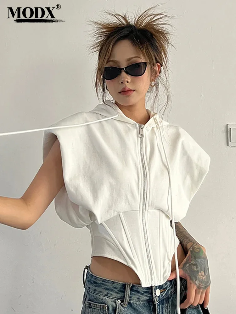 [MODX]  White Short Waistband Sweatshirt Loose Fit New Hooded Sleeveless Women Big Size Fashion Tide Spring Autumn 2024