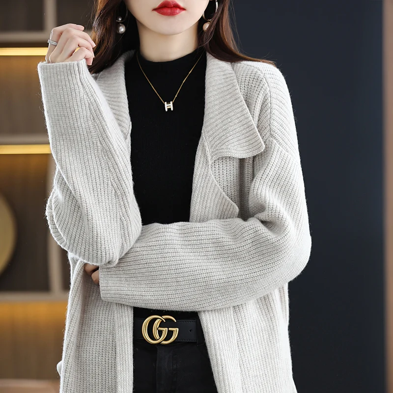 Autumn And Winter 100% Pure Wool Cardigan Mid-Length Coat Knitted Sweater Women\'s Thickened Sweater With Pockets Overcoat JQ186