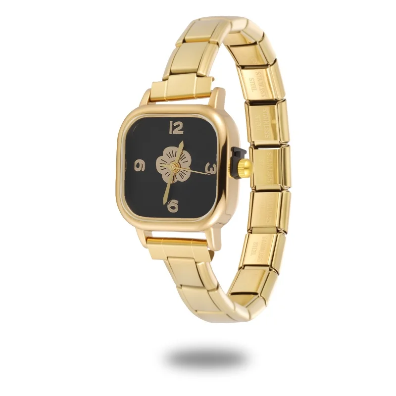Round Square Flower Black Stainless Steel Watch High Quality Women'S DIY Making Bracelet Watch Jewelry Gift Wholesale
