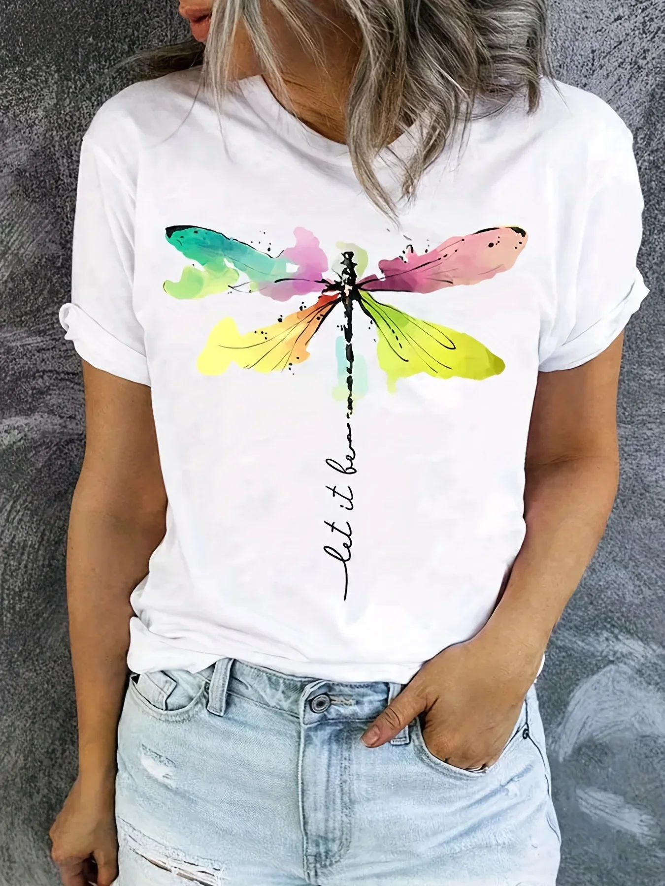 Dragonfly Print Women O Neck Fashion White Kahki Black T-Shirt Casual Short Sleeve T-Shirt For Spring & Summer Girl Clothing