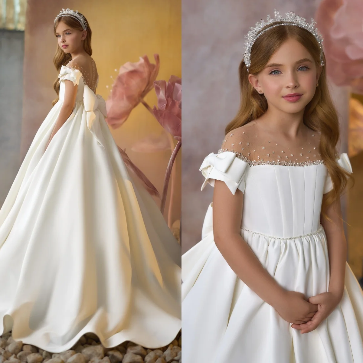 Elegant Satin Flower Girl Dresses For Wedding Customized Beading Bow Baby Girl's Birthday Gown Gift First Communion Dresses