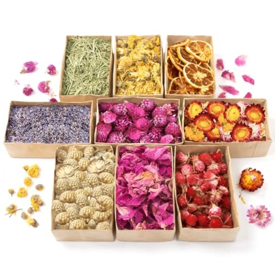 9 Bags Dried Flowers Candle and Soap Making, Variety Dried Herbs Kit for Witch Altar Supplies, Pagan Ritual, Bulk Botanical Lav