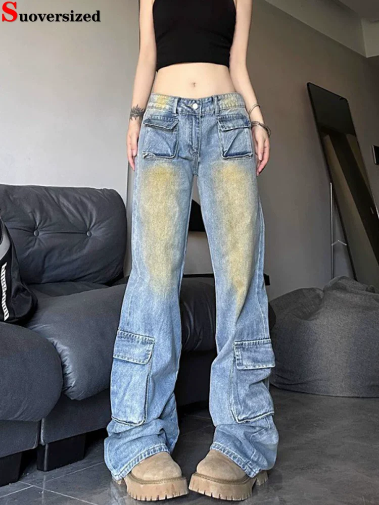 

Gradient Pocket Straight Leg Jeans Fashion Streetwear Women's Casual Vaqueros Straight Wide Leg Vintage Loose Denim Pants