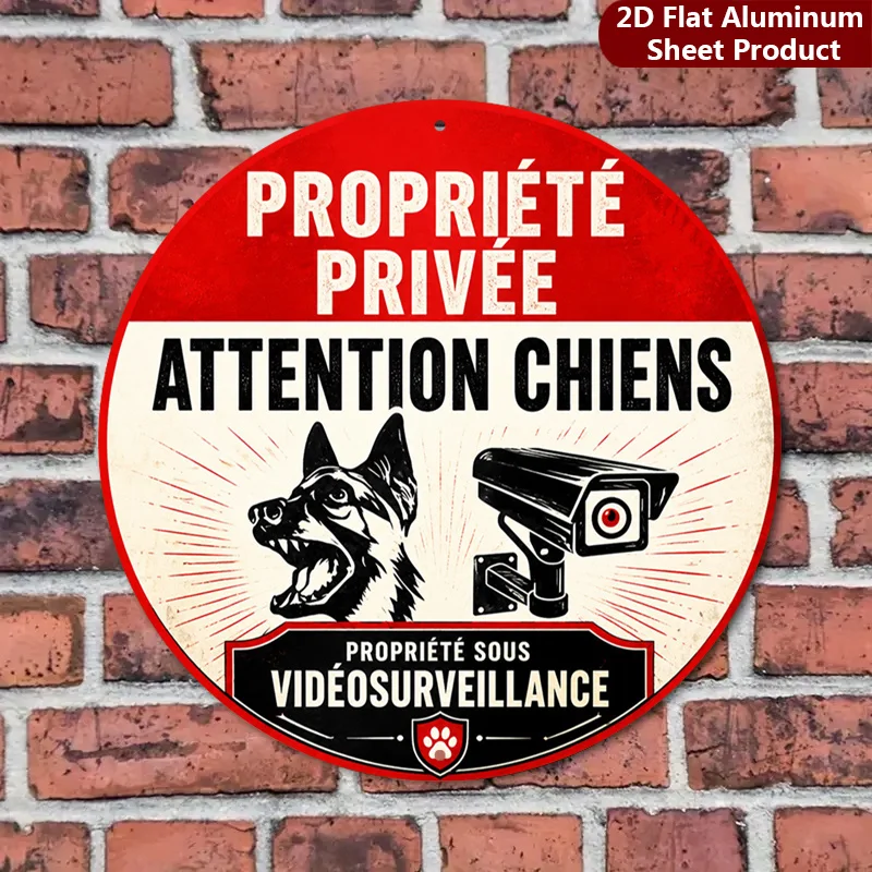2D Flat, 1pc, Private Property Sign - 20.32X20.32 cm, Dog Alert Metal Wall Decor, French Style Decorative Sign Suitable for Gara