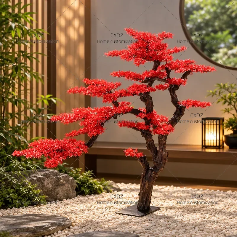 Large Artificial Red Maple and Pine Tree Fake Plant for New Chinese Style Landscaping Hotel Tea Room Decoration