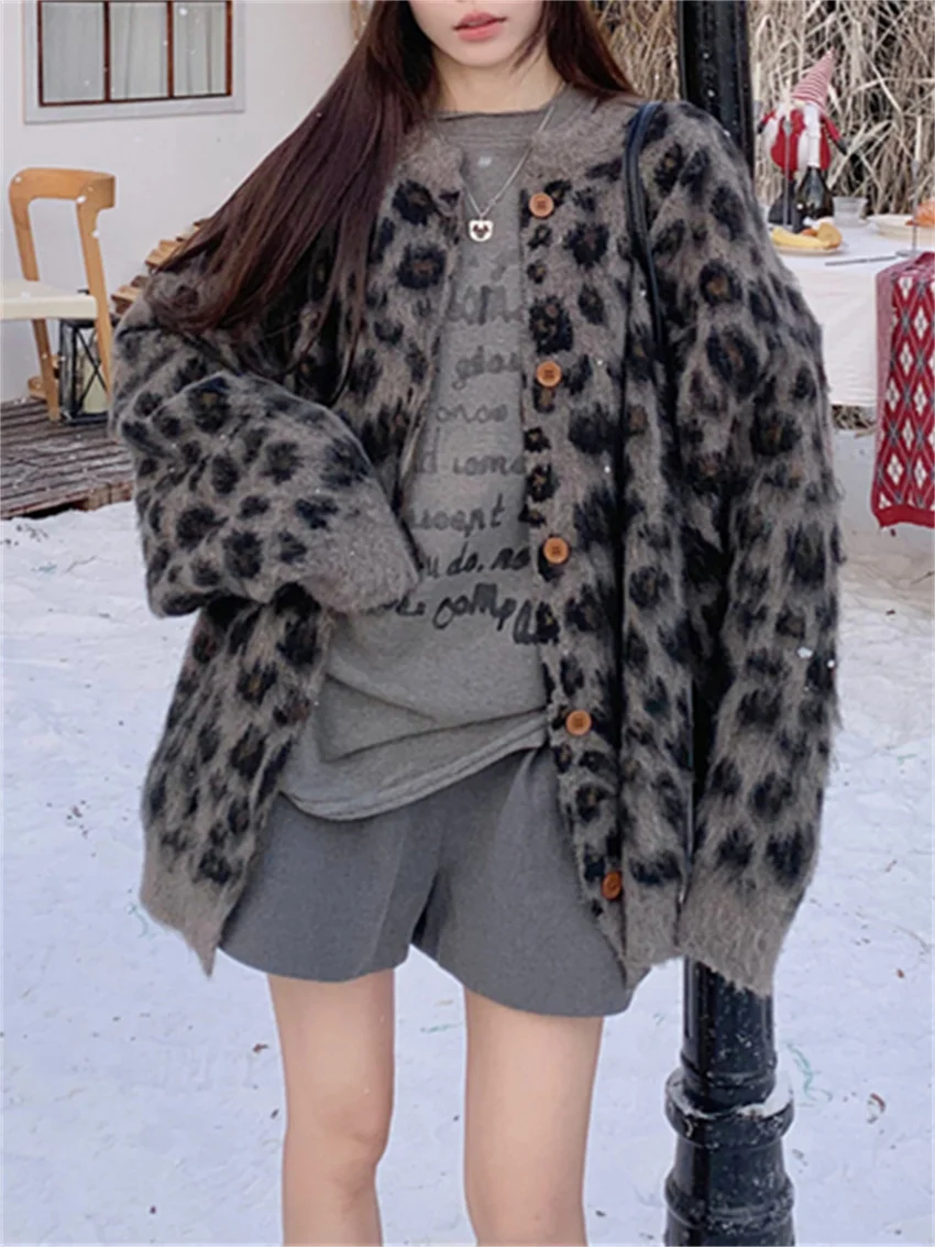 Alien Kitty Leopard Women Sweaters Office Lady Vintage Loose Winter Knitted Slim Daily New All Match Oversize Cardigans Coats