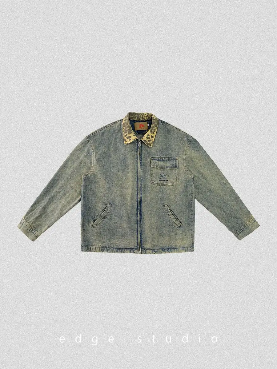 

Джинсовая куртка с леопардовым принтом на воротнике и вставками, свободного кроя, на молнии, 2026 - нишевый бренд мужской уличной одежды