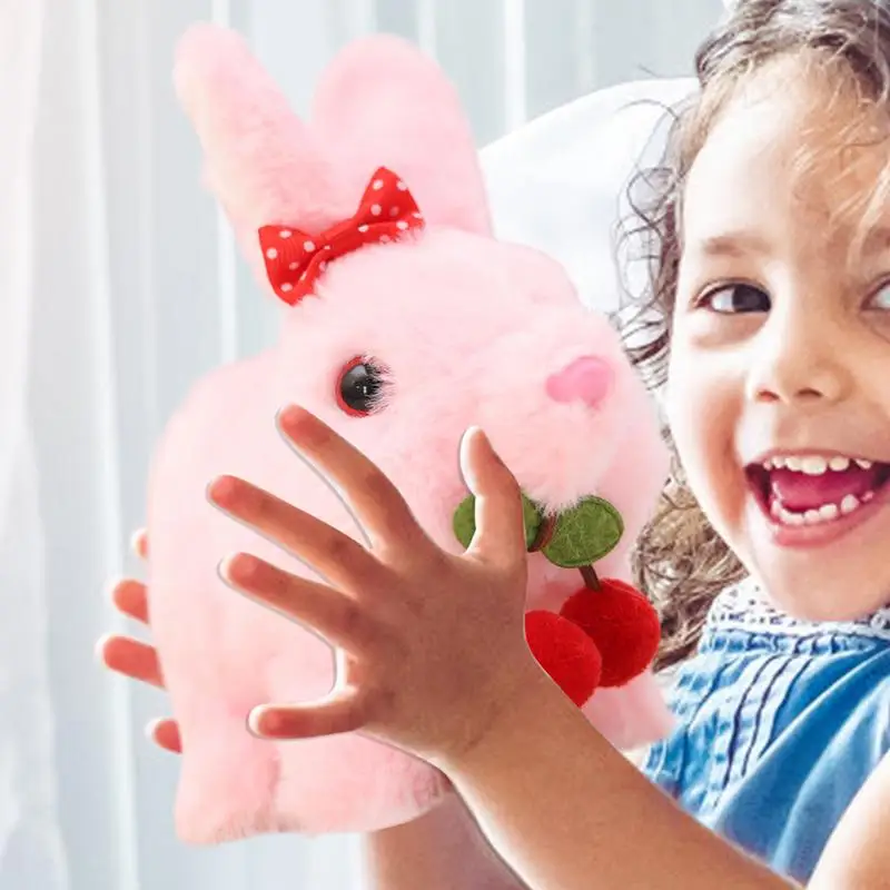 かわいいバニーぬいぐるみ電気ウサギ人形ウォーキングぬいぐるみ音付きリアルなソフト人形弓チェリーインタラクティブバニーおもちゃイースター