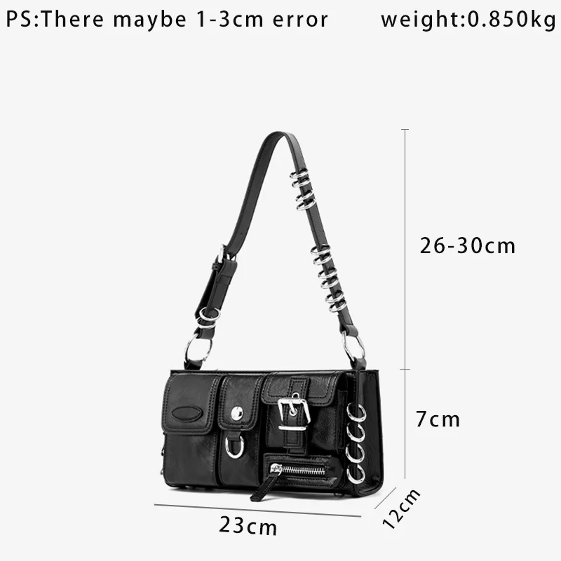 MABULA Multi-Pocket Underarm Tote Handbag Solid Black Y2K Cool Girl Metal Ring Phone Purse Women\'s Fashion Vintage Shoulder Bag