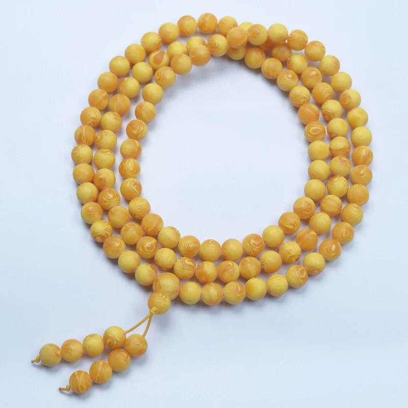 Myanmar Dragon Robe Flower Beeswax 108 Round Bead Bracelet Necklace Chicken Oil Yellow Weathered Pattern Buddha Beads Nec