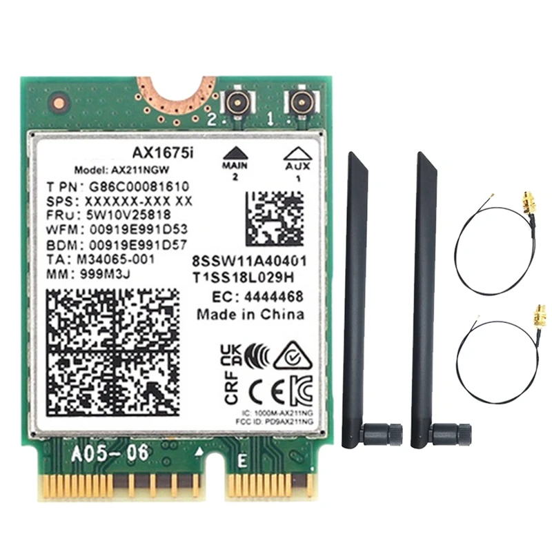 AX1675I WIFI Card+2X8DB Antenna Wifi 6E M.2 Key E Cnvio 2 Tri Band AX211 BT 5.2 PCB For Win 10