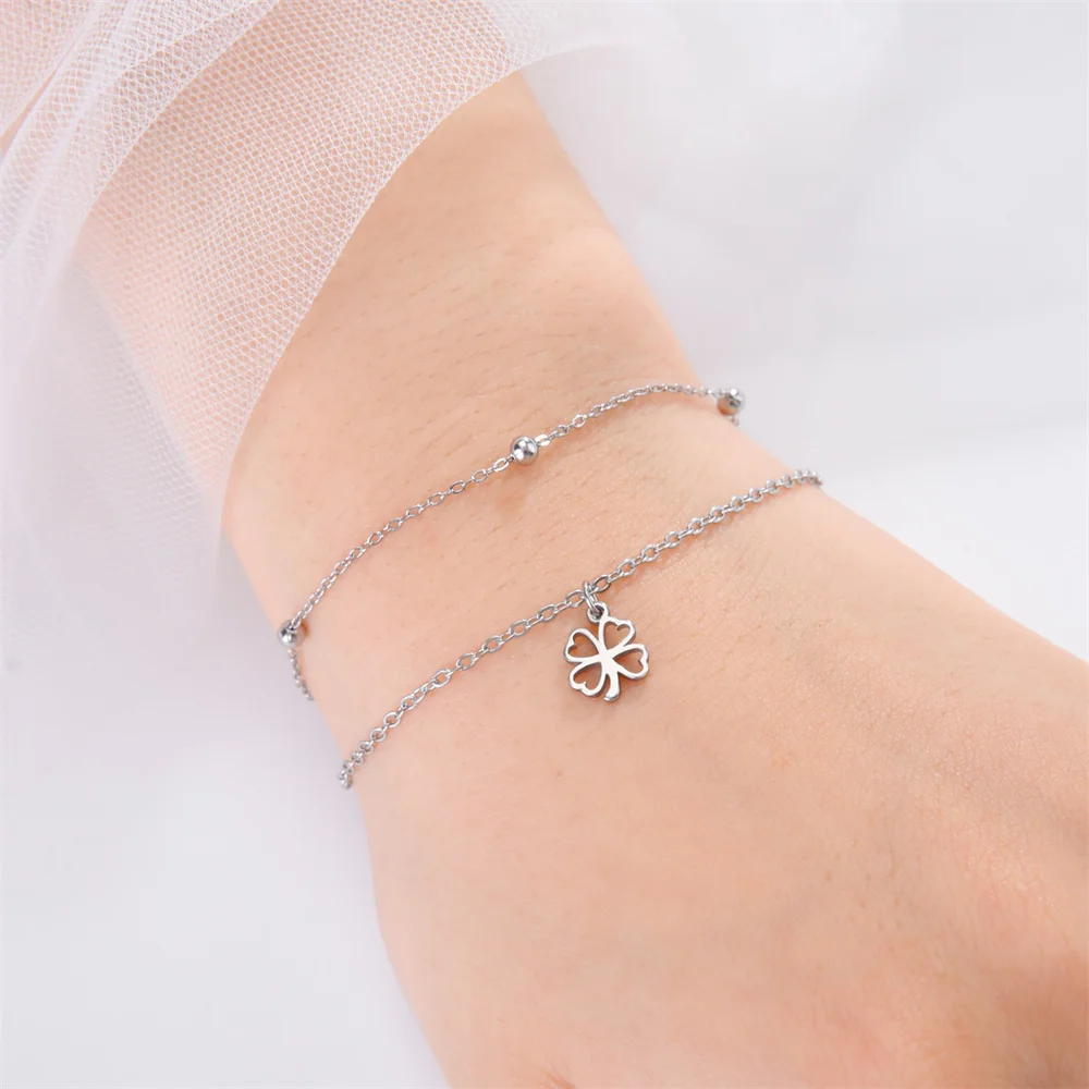 Four-leaf clover lucky Pendent Bracelet for Women Girls Cute Cartoon Flower Charm Stainless Steel Bracelet  luxury Jewelry Whole