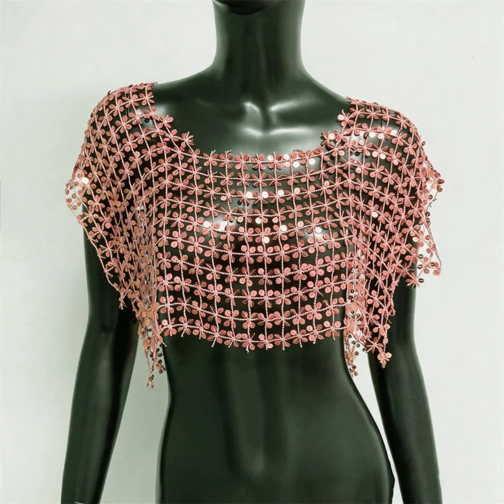 Damen Acryl-Pailletten Mesh Crop Tops Sexy Ausgehöhlt Durchsichtig Handgefertigtes Patchwork T-Shirt Rave Festival Party Tanktops – Detail 18