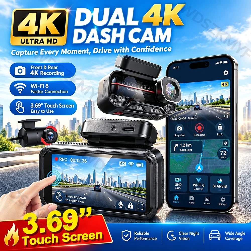 4K Car DVR Video Recorder 4K Single/Dual Dash Cam Front and Rear with 3.69