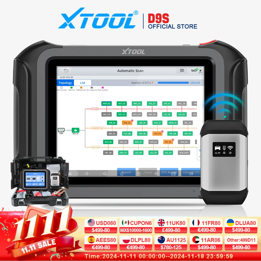 XTOOL D9 D9S Full System Car Diagnostic Tool Bi-Directional Control ECU Coding 42+ Resets Key Programming DOIP CANFD Topology