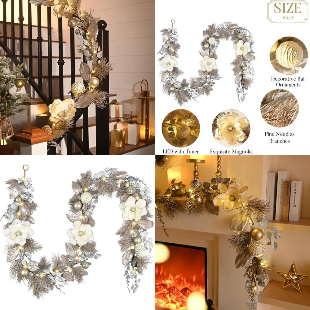 

Illuminated Christmas Garland with White & Gold Balls and Magnolia, 9 Feet Long, for Mantle, Stairs, Fireplace, and Table Center