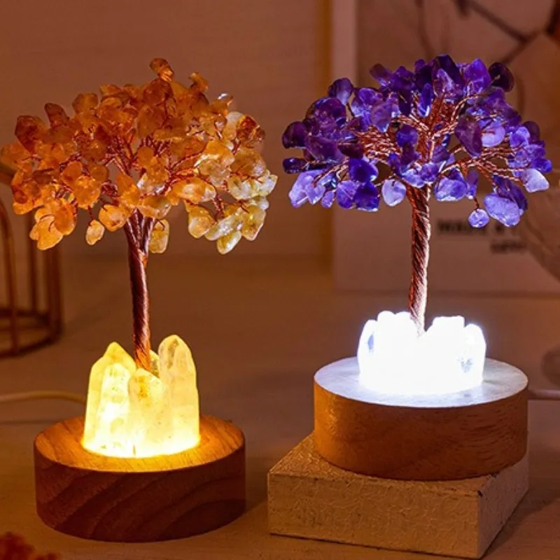 

Ночник из натурального хрустального дерева, перезаряжаемая USB-лампа с желтым кристаллом и белым хрустальным кластером для домашнего декора, атмосфера комнаты