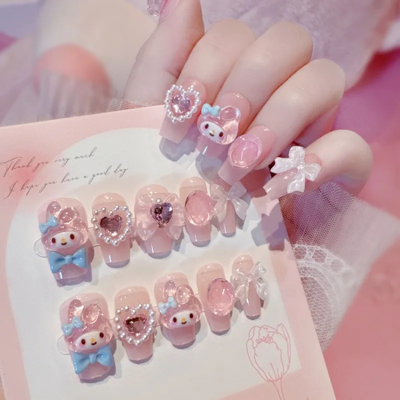 Sanrios Anime Kawaii Toy My Melody Wearing Fake Nails Dopamine Nail Stickers Birthday Gift Christmas Gifts