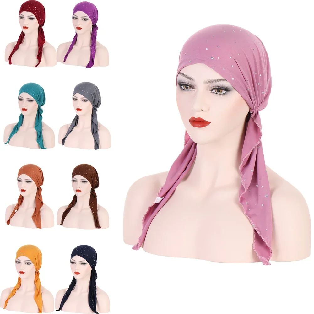 Muslim Inner Hijab Turban Women Pre-Tied Long Tail Headscarf Wrap Chemo Cap Beanies Bonnet Head Scarf Stretch Headwear Hat Mujer