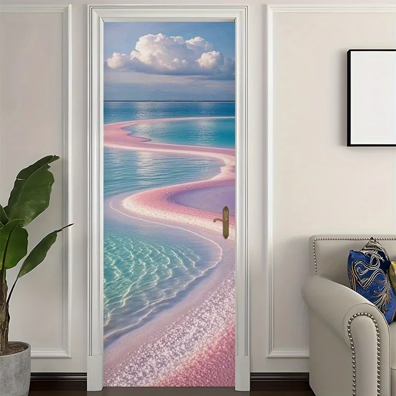 1 pair of pink beach sea view 2D flat self-adhesive door stickers, made of vinyl material, suitable for bedroom, living room, an