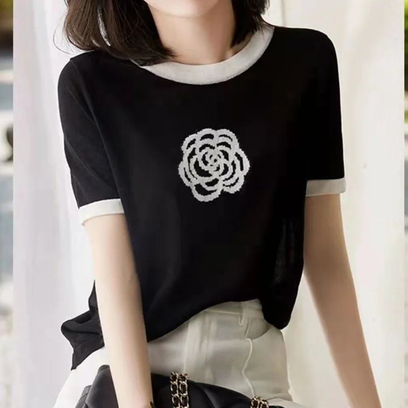 Spring And Summer High Quality Cotton Contrast Color Round Neck Camellia Female Embroidery Short-Sleeved T-Shirt Knitted Top