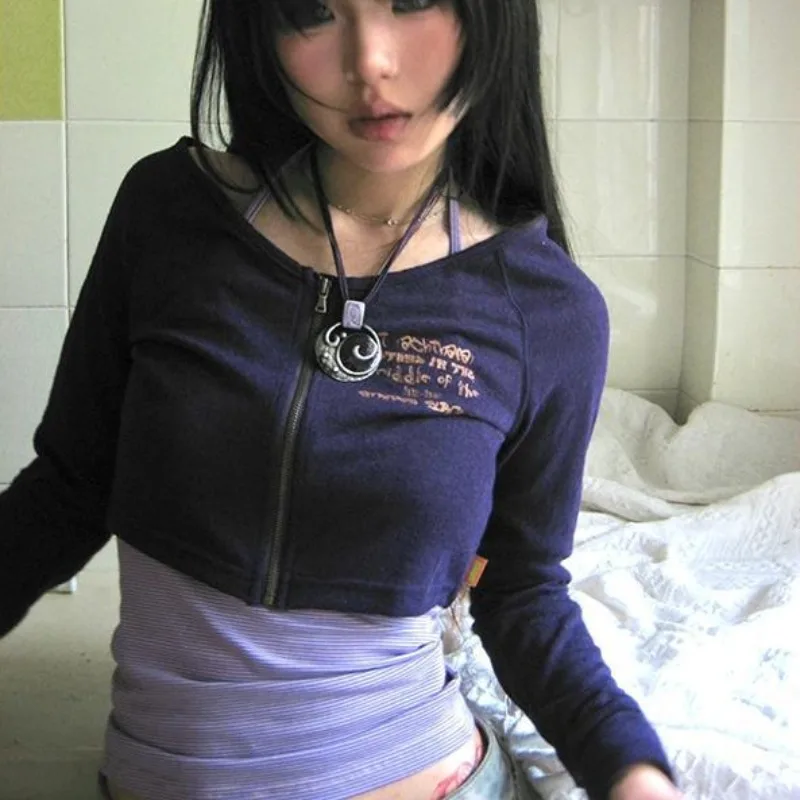 

Japanese Y2k Tops Two Piece Set Grunge Aesthetics Patchwork Vest + Vintage American Retro Zipper Tee Shirt High Street
