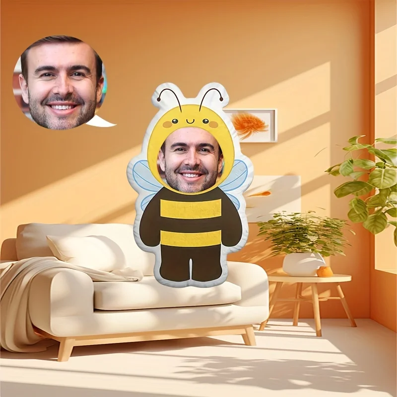 Una almohada personalizada con foto impresa en forma de abeja con diseño de doble cara, lavable a máquina, llena de algodón de polipropileno