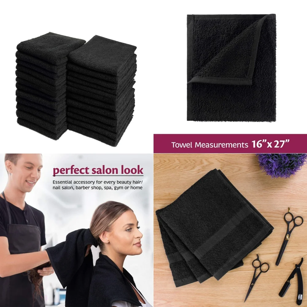 

towelSalon Towels 100 Cotton Pack of 24 Black Spa Towels 16x27 Inches Hairdressing Beauty Salon Supplies Professional Face
