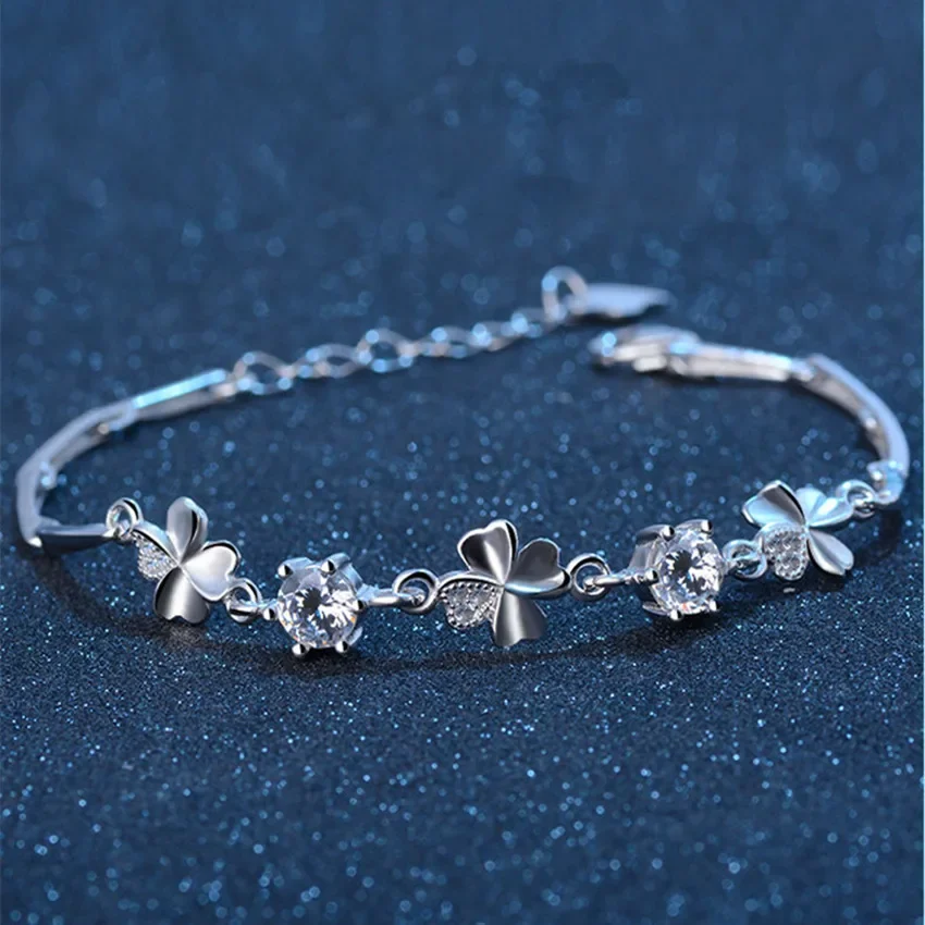 

hot 925 Sterling Silver Zircon Clover Bracelets crystals chain For Women Valentines Gift Wedding party cute Jewelry pulseras