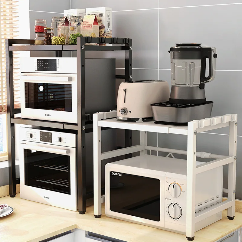 Kitchen multi-functional microwave oven rack, multi-layer retractable countertop with storage