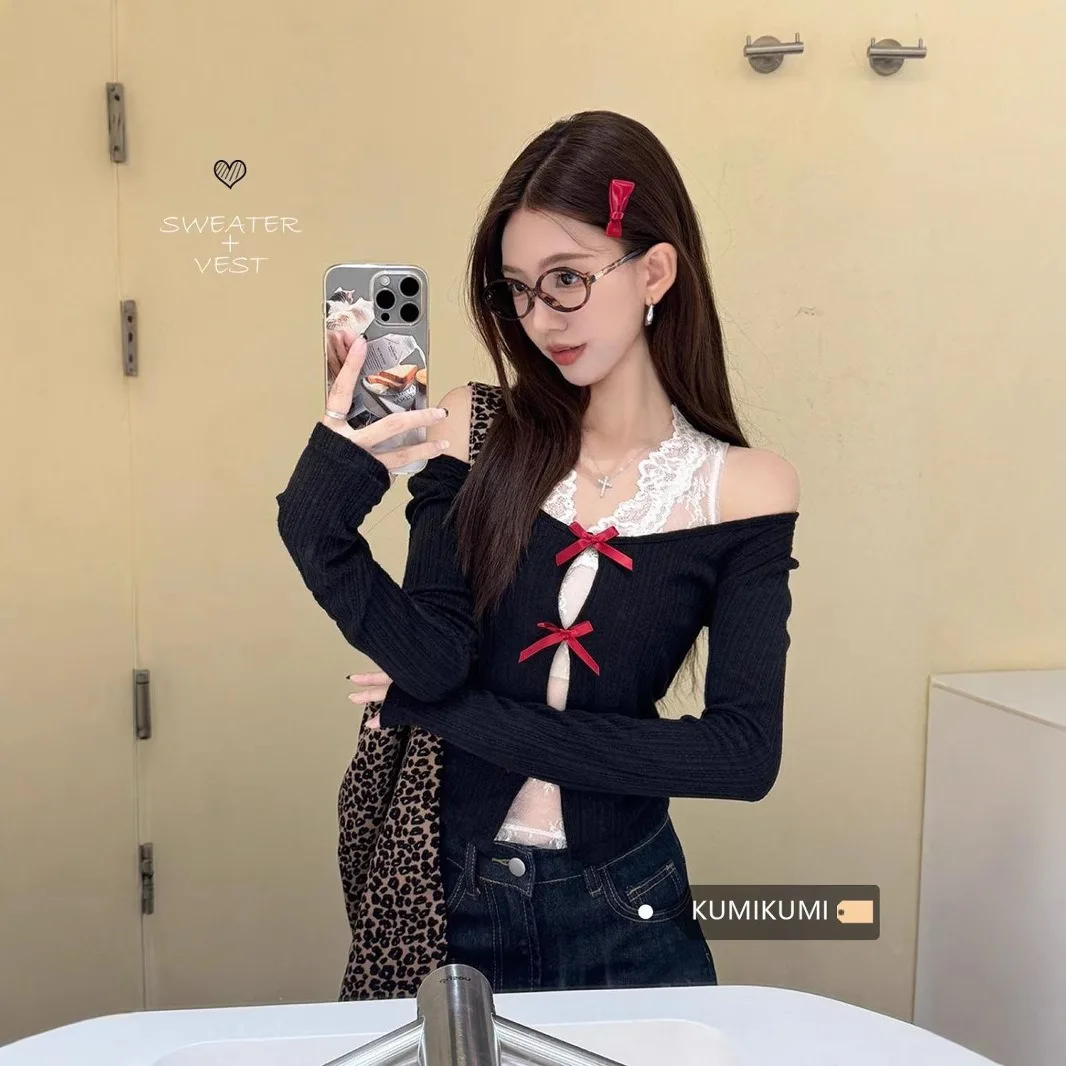 Women 2 Piece Outfit Korean Sweet Spicy Aesthetic Long Sleeve Cardigan + Lace Cami Top, Unique Designer Early Fall Layering Set
