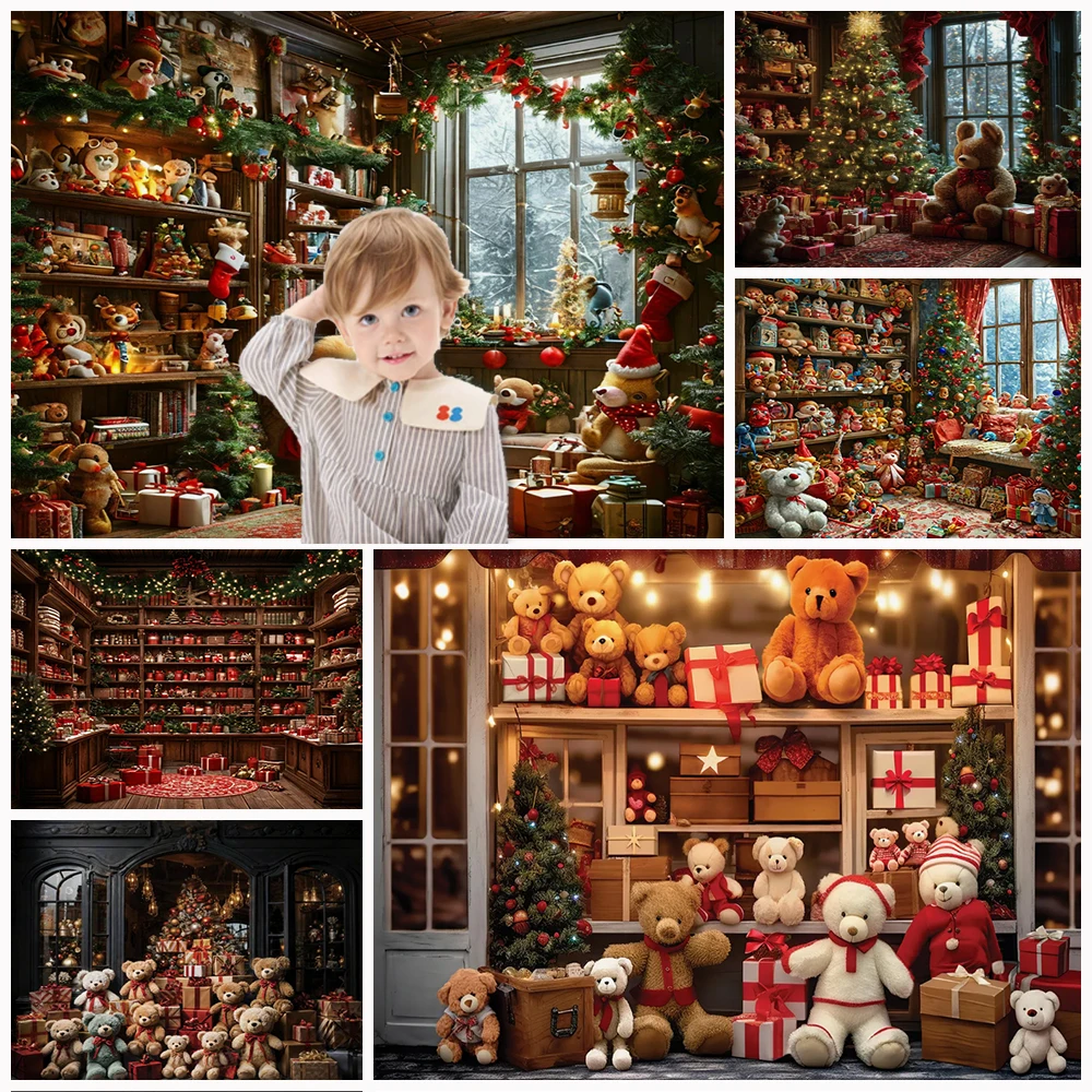 

Merry Christmas Background Banner Cute Bear Toy House Christmas Tree Party Backdrop Decoration Baby Shower Gift Photography Prop