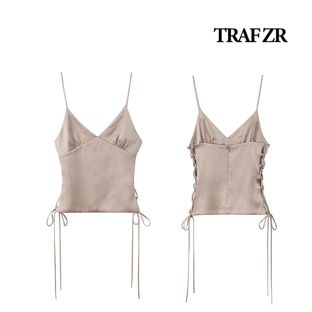 TRAF ZR Tanks & Camis Thin Straps Side Tieds Tops Heart Neck Shirring Bustier Back Zip Camisole Sexy Tank Outfit Comfy One Piece