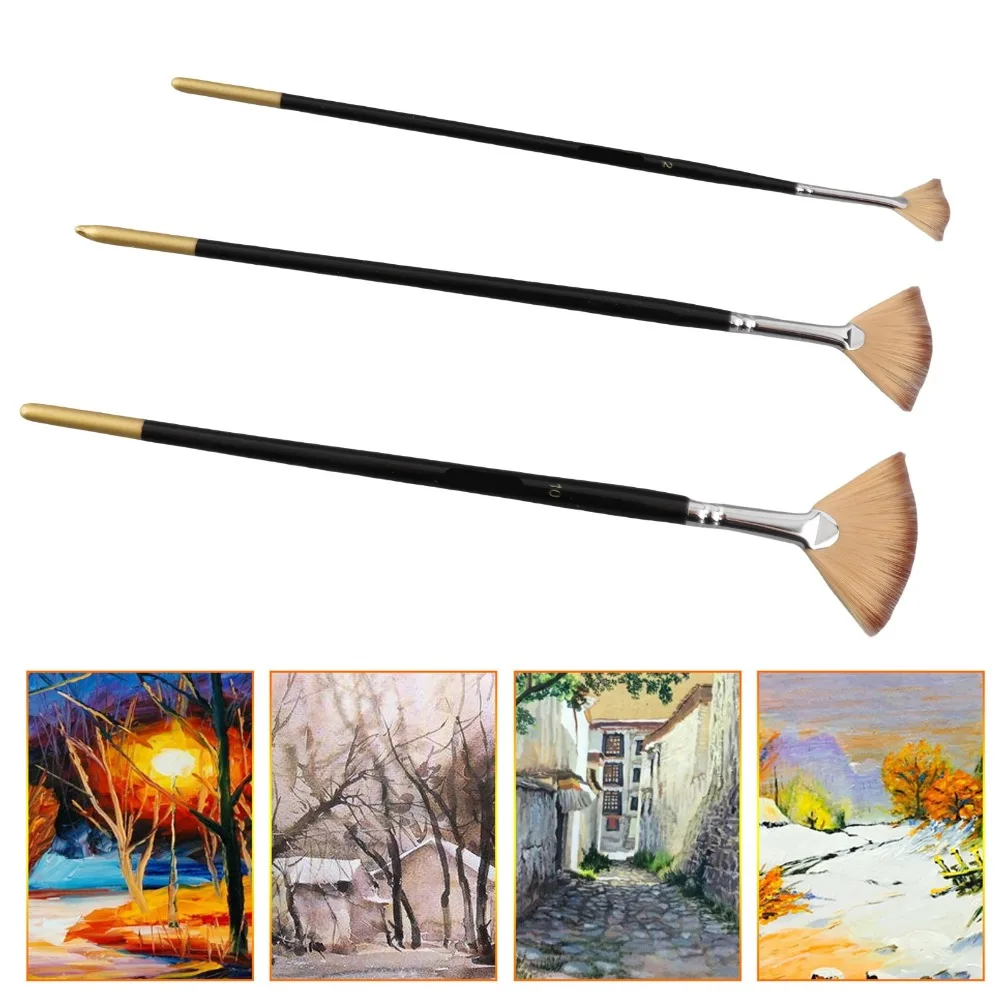 6pcs Long Handle Fan Paint Brush Set Soft brush strands Nylon Hair Artist Paint Brush Set Grainer Brush Set Gouache Painting
