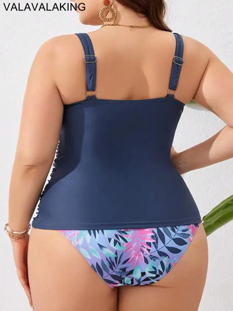 2025 Niebieski Kobiety 2-częściowy Plus Size Tankini Duży Wysoka Talia Duży Strój Kąpielowy Lady Push Up Chubby Strój Kąpielowy Plażowy Krój