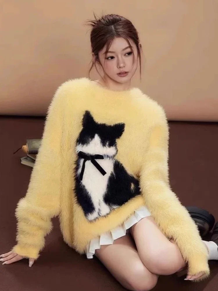 

Zoki Bow Sweet Women Cute Sweater Faux Mink Cashmere Vintage Cartoon Knitted Jumper Fall Winter O Neck Kawaii Lazy Wind Tops