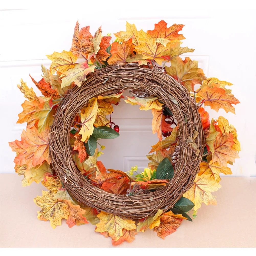 Autumn Pumpkin Pinecone Wreath With Berries Maple Leaves For Thanksgiving Door Wall Hanging Home Decor Festival Garland 45cm