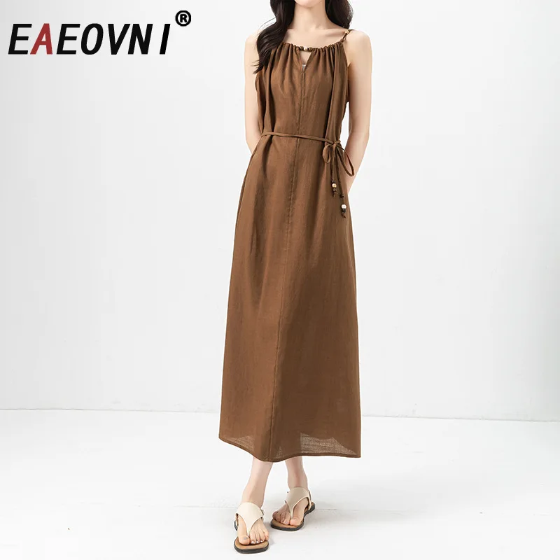 

EAEOVNI Fashion Sling Dress For Women Sleeveless Lace-up Gathered Waist A Line Loose Long Dresses Casual 2025 Summer New