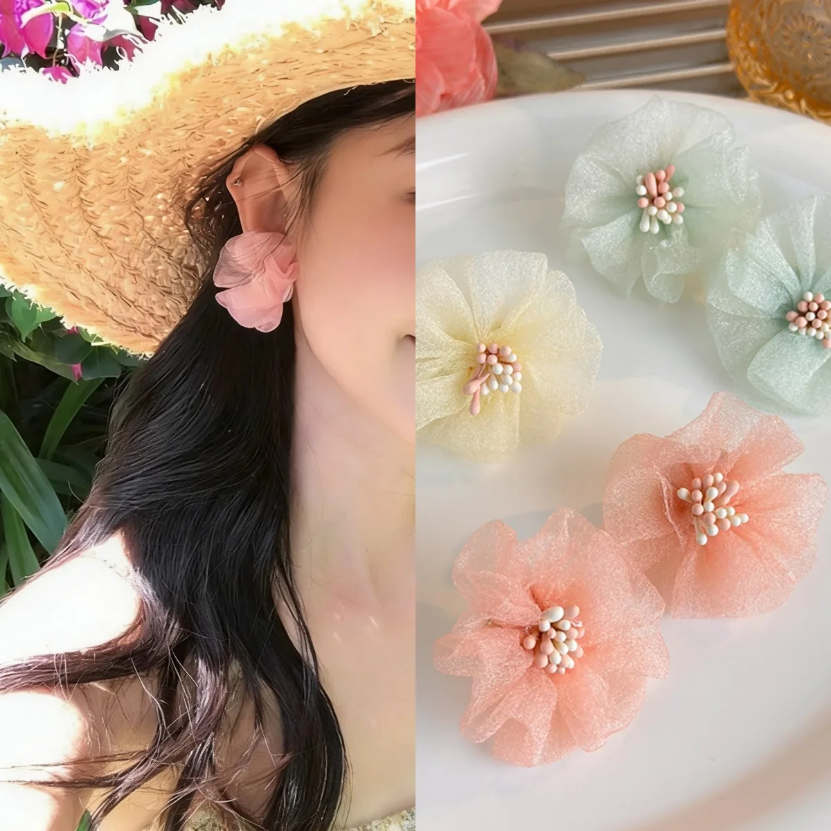 Colorful Organza Flower Earrings for Spring Summer Beach Vacation Photo Prop Flattering for Square Round Face Women