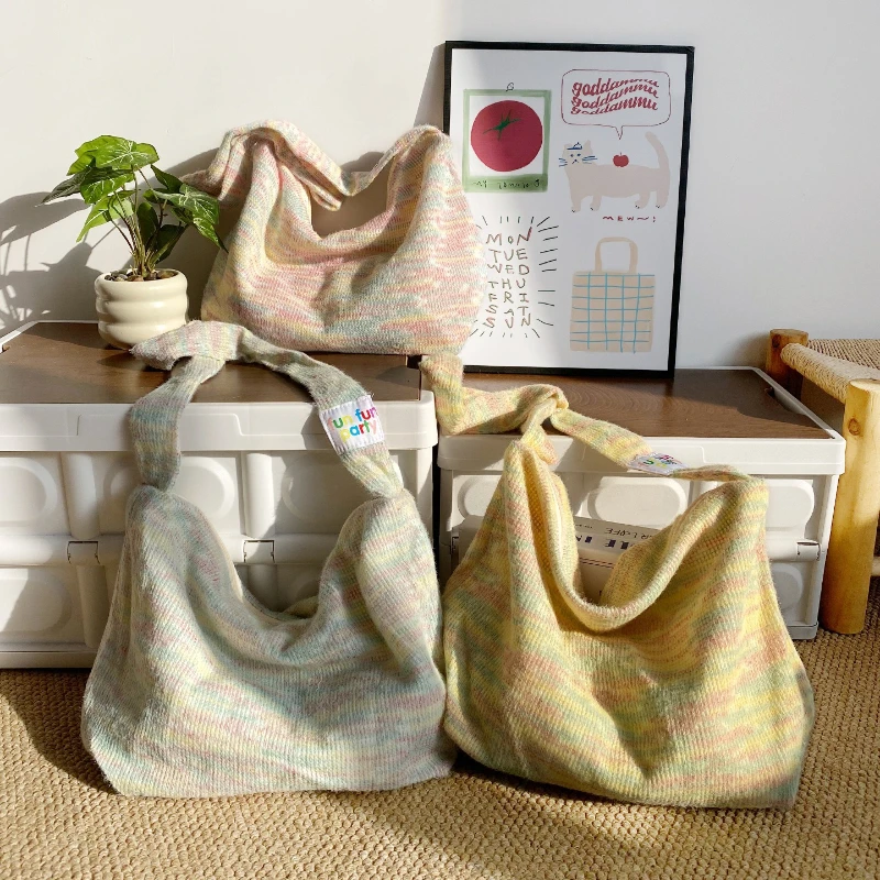 

Sweet Girl Colorful Stripes Plush Women's Shoulder Bags Gentle Versatile Female Crossbody Bag Large Capacity Ladies Handbag