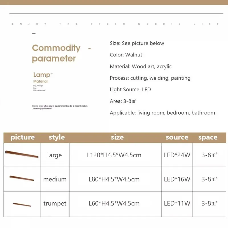 Applique Murale LED en Bois Nordique, Brochure, Salon, Chambre à Coucher, oral et, Couloir, Décoration Intérieure, Luminaire, 60 cm, 80 cm, 120cm