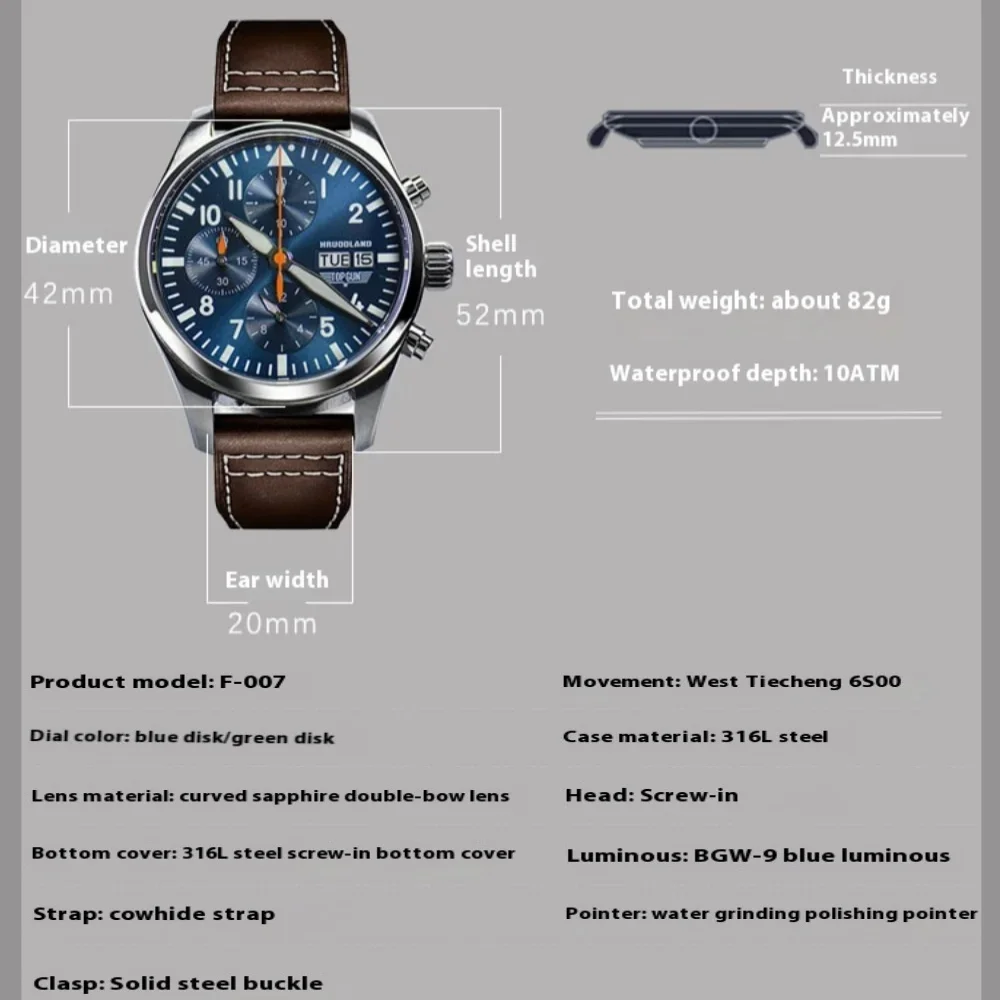 Hrodaland 2025 Новые мужские кварцевые часы 6S00 42 мм Пилот с сапфировым стеклом Светящиеся из нержавеющей стали Водонепроницаемые 10 бар reloj hombre