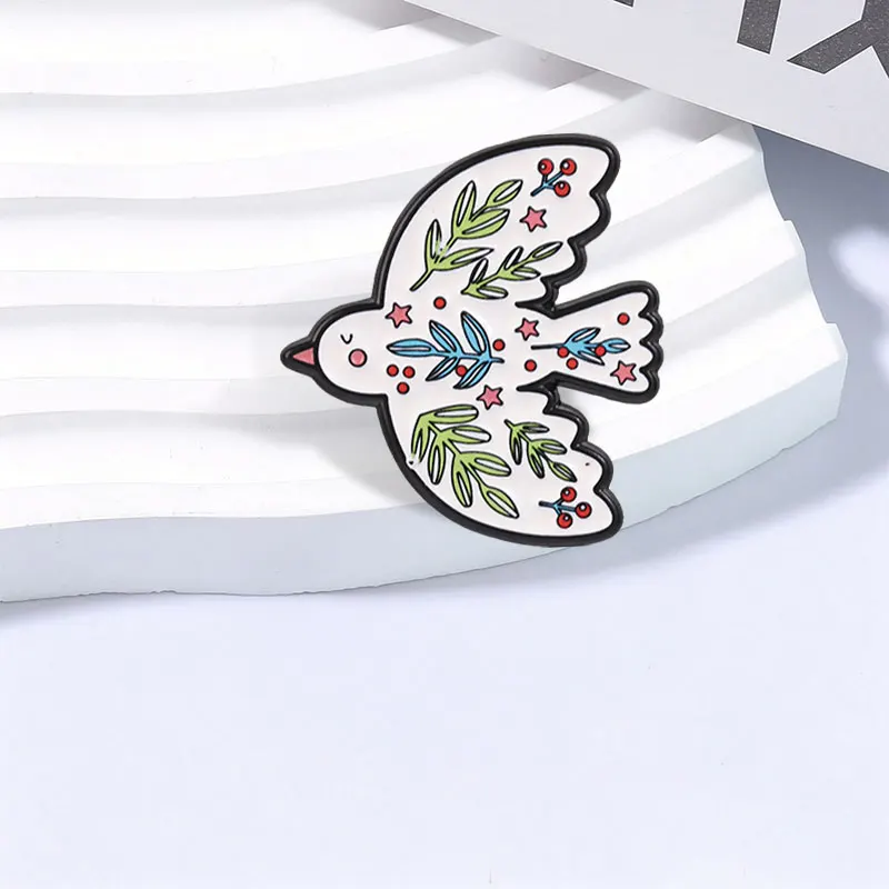 Cartoon Peace Dove Floral Vine Enamel Pin Retro Pastoral Style White Dove & Leaves Brooch Bags Lapel Badge Funny Jewelry Gifts
