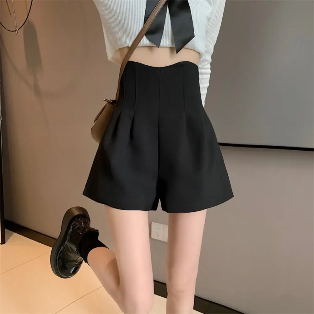 Chic Invisible Zipper Summer A-line Shorts Pants Black Loose High Waist Suit Shorts Large Size Y2K Solid Hot Pants Women