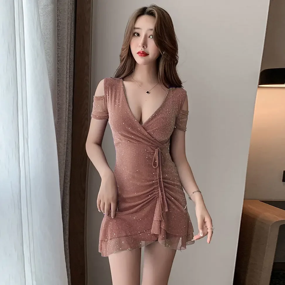 Tight Sequin Short Sleeve Coquette Women's Dresses Sexy Rhinestone Female Dress Bodycon Ruffle Mesh Corset Elastic Harajuku Y2k