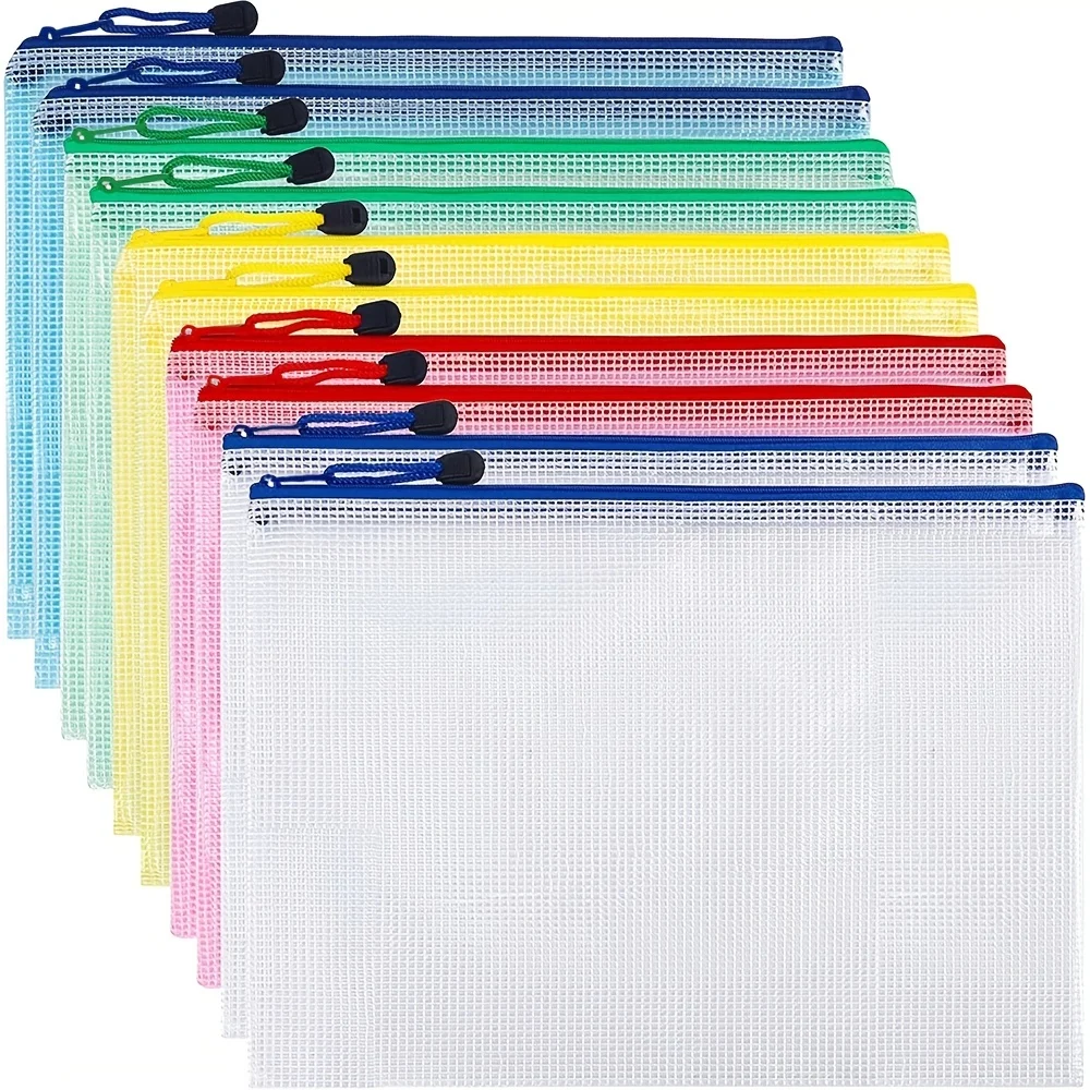 10-Piece multi-colored mesh zipper bag, A4 size, durable PVC, with drawstring and handle - travel, school, office supplies