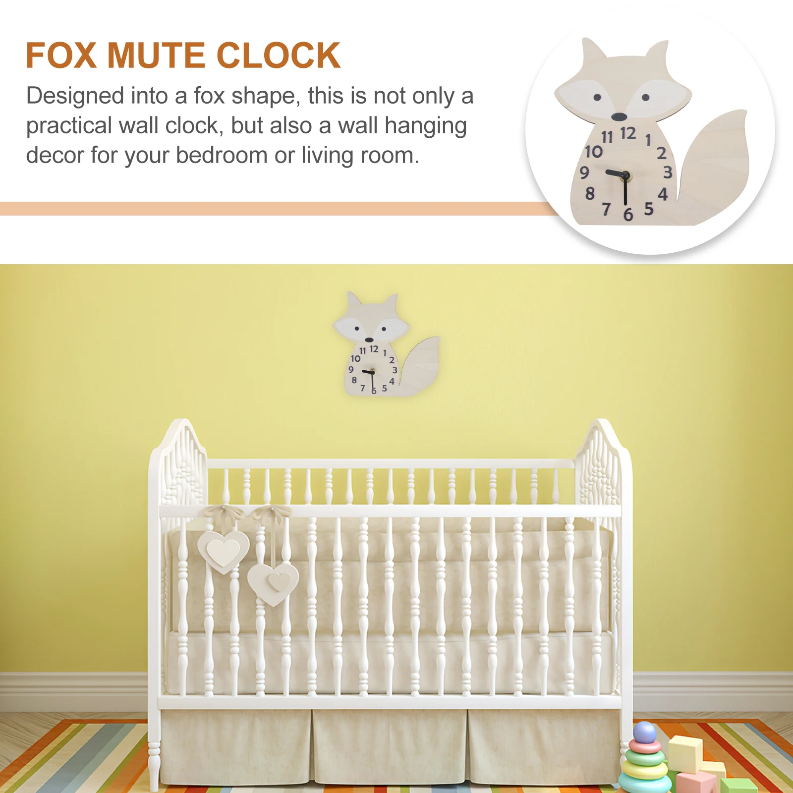 

Fox Shaped Silent Bedroom Cute Wall Mute Wooden Wall Hanging Clock for Kids Room Bedroom Decor Non Ticking Clock
