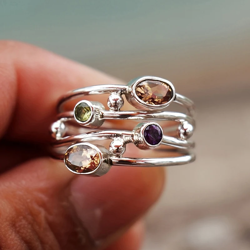 Huitan Hollow Multi-layer Bohemian Ring for Women Silver Color Fashion Party Colorful Cubic Zirconia Creative Daily Chic Jewelry